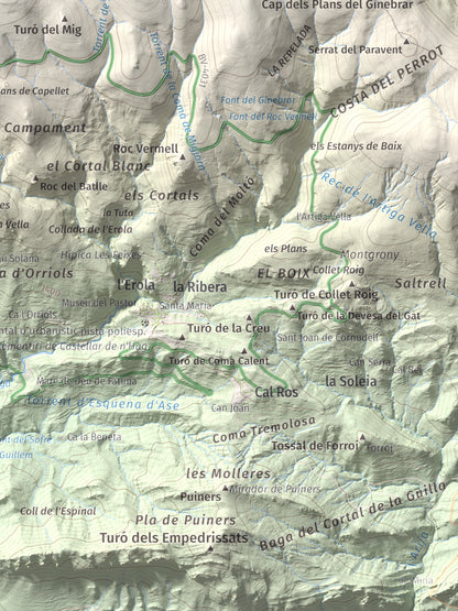 Mapa de relieve de la Creueta, 2067 m, Berguedà · Ripollès, lámina 100 Cims de Trobart. Detalle de la zona inferior derecha. 30 × 40 cm.