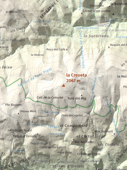 Mapa de relieve de la Creueta, 2067 m, Berguedà · Ripollès, lámina 100 Cims de Trobart. Detalle de la zona central. 30 × 40 cm.