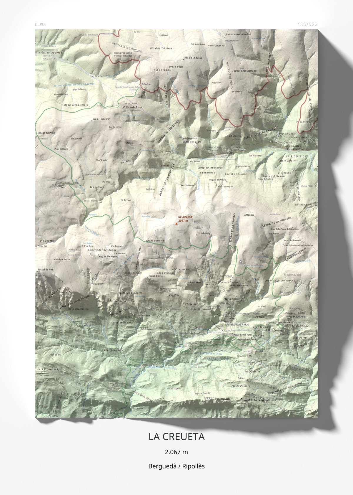 Mapa de relieve de la Creueta, 2067 m, Berguedà · Ripollès, lámina 100 Cims de Trobart 50 × 70 cm.