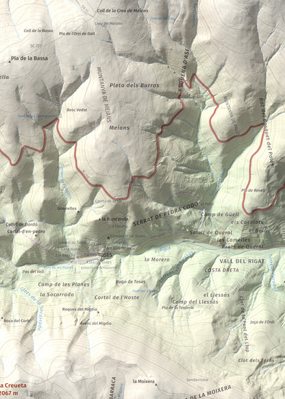 Mapa de relieve de la Creueta, 2067 m, Berguedà · Ripollès, lámina 100 Cims de Trobart. Detalle de la zona superior derecha. 50 × 70 cm.