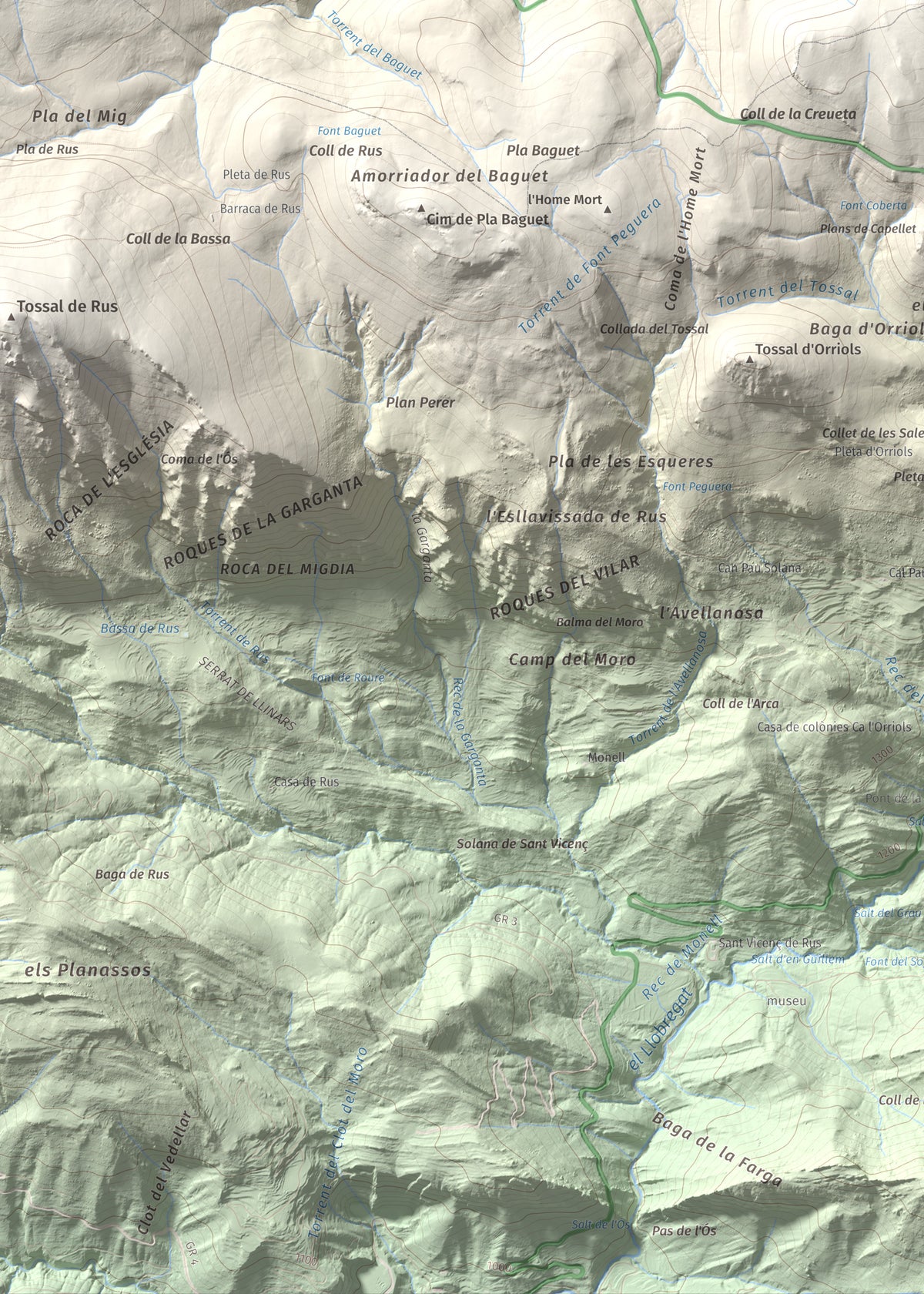 Mapa de relieve de la Creueta, 2067 m, Berguedà · Ripollès, lámina 100 Cims de Trobart. Detalle de la zona inferior izquierda. 50 × 70 cm.