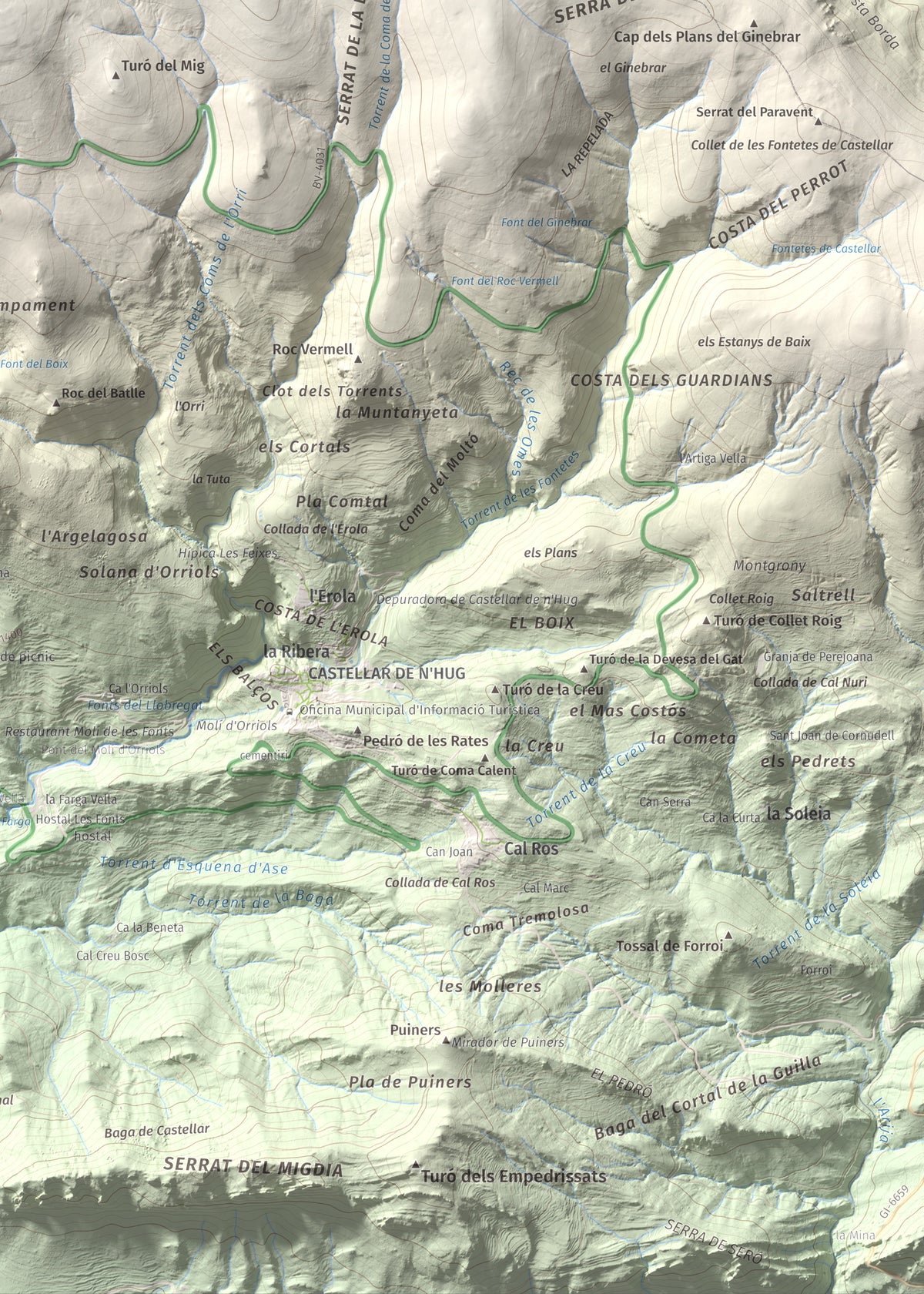 Mapa de relieve de la Creueta, 2067 m, Berguedà · Ripollès, lámina 100 Cims de Trobart. Detalle de la zona inferior derecha. 50 × 70 cm.