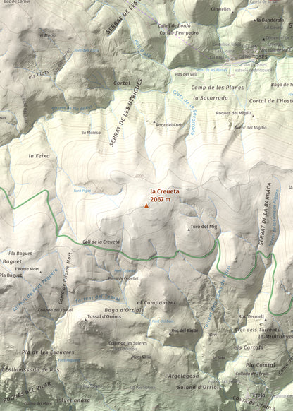 Mapa de relieve de la Creueta, 2067 m, Berguedà · Ripollès, lámina 100 Cims de Trobart. Detalle de la zona central. 50 × 70 cm.