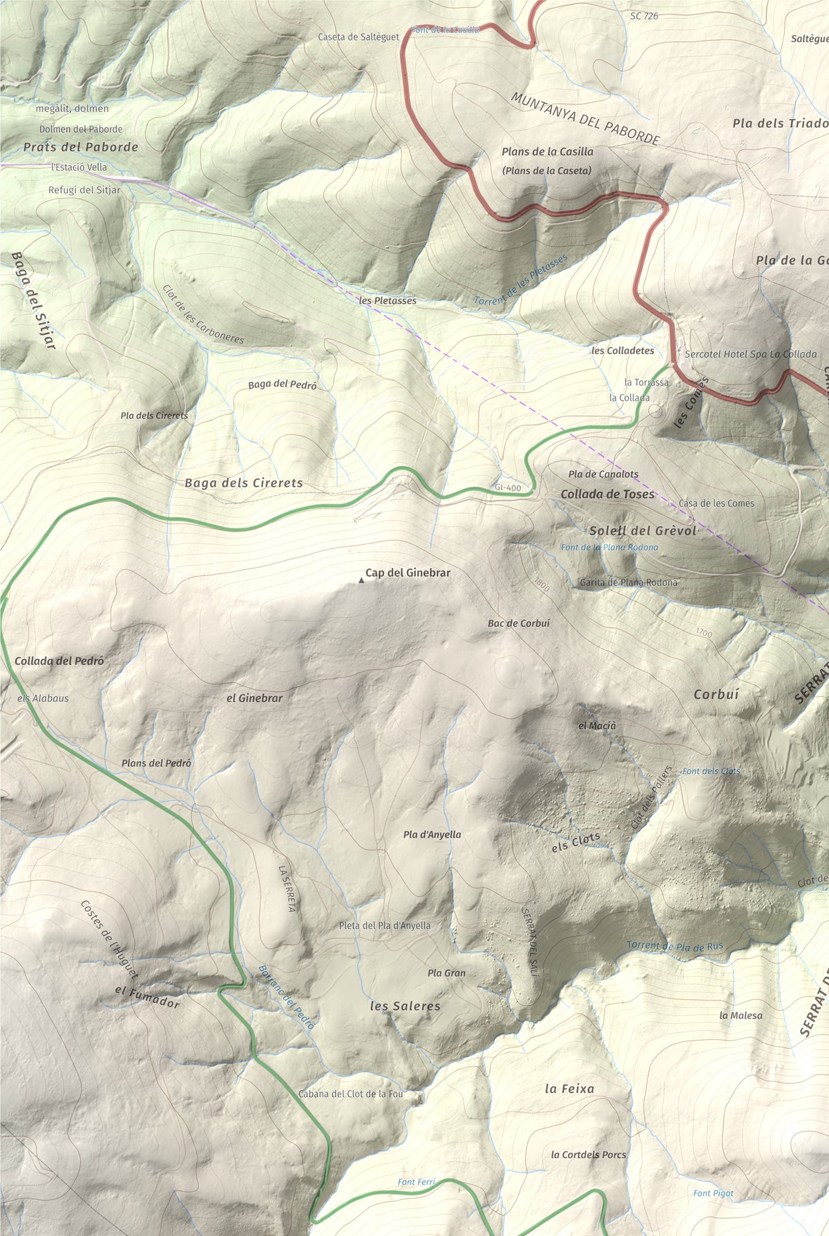 Mapa de relieve de la Creueta, 2067 m, Berguedà · Ripollès, lámina 100 Cims de Trobart. Detalle de la zona superior izquierda. 61 × 91 cm.