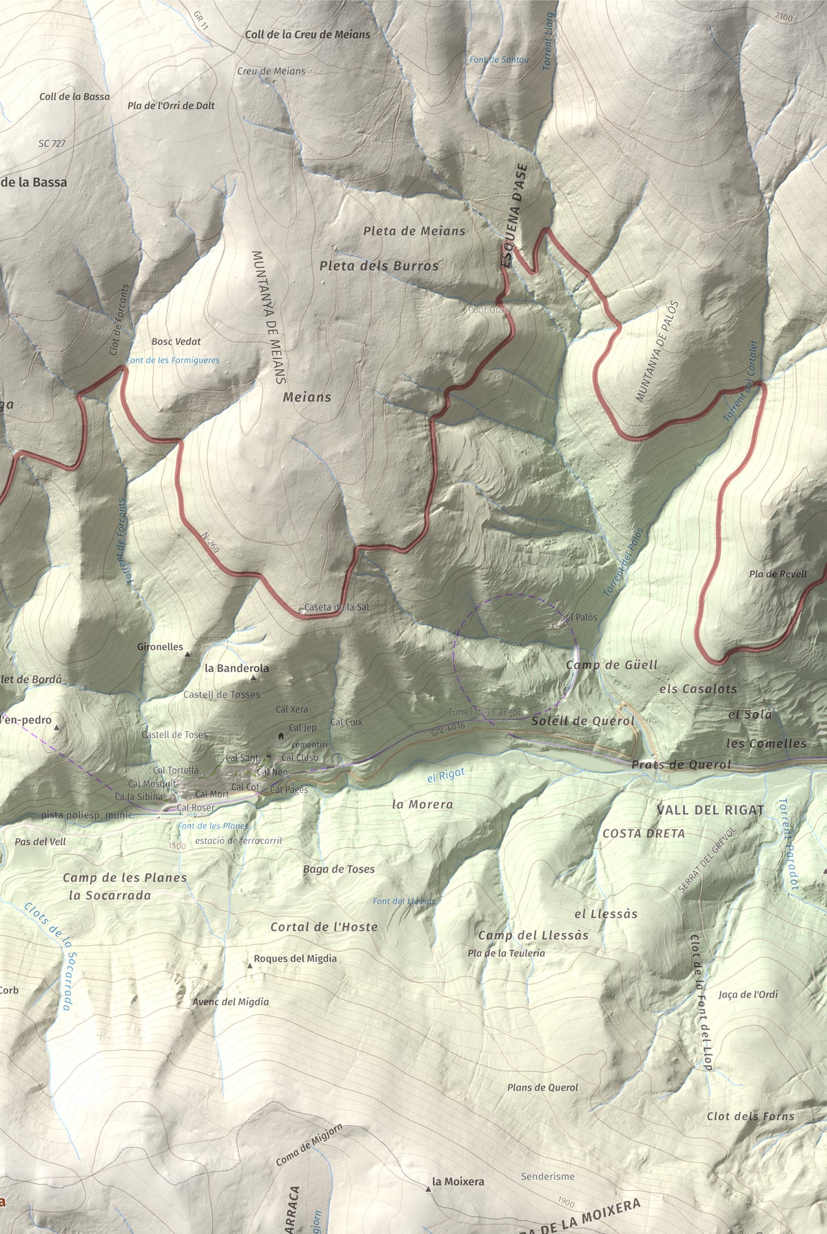 Mapa de relieve de la Creueta, 2067 m, Berguedà · Ripollès, lámina 100 Cims de Trobart. Detalle de la zona superior derecha. 61 × 91 cm.