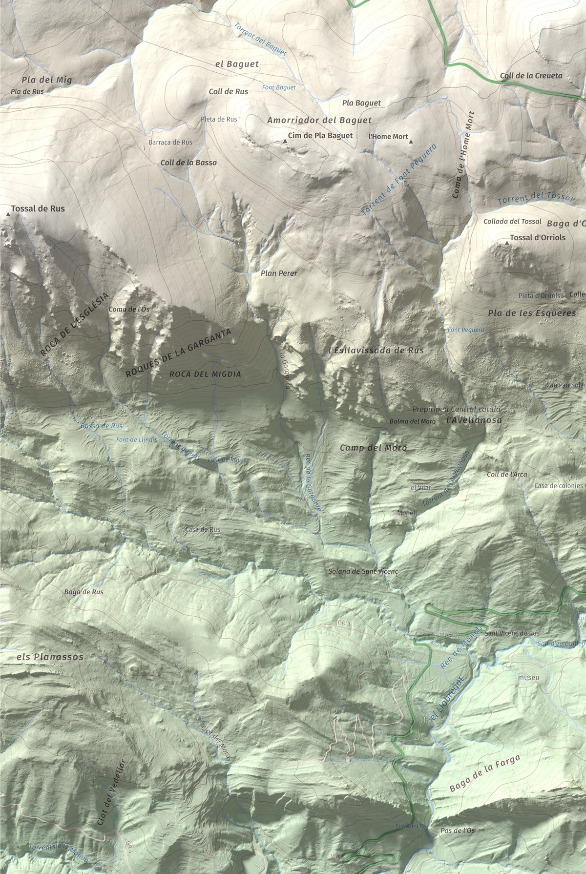 Mapa de relieve de la Creueta, 2067 m, Berguedà · Ripollès, lámina 100 Cims de Trobart. Detalle de la zona inferior izquierda. 61 × 91 cm.