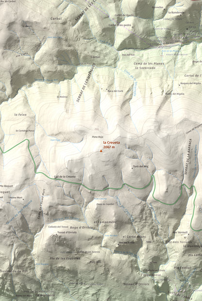 Mapa de relieve de la Creueta, 2067 m, Berguedà · Ripollès, lámina 100 Cims de Trobart. Detalle de la zona central. 61 × 91 cm.