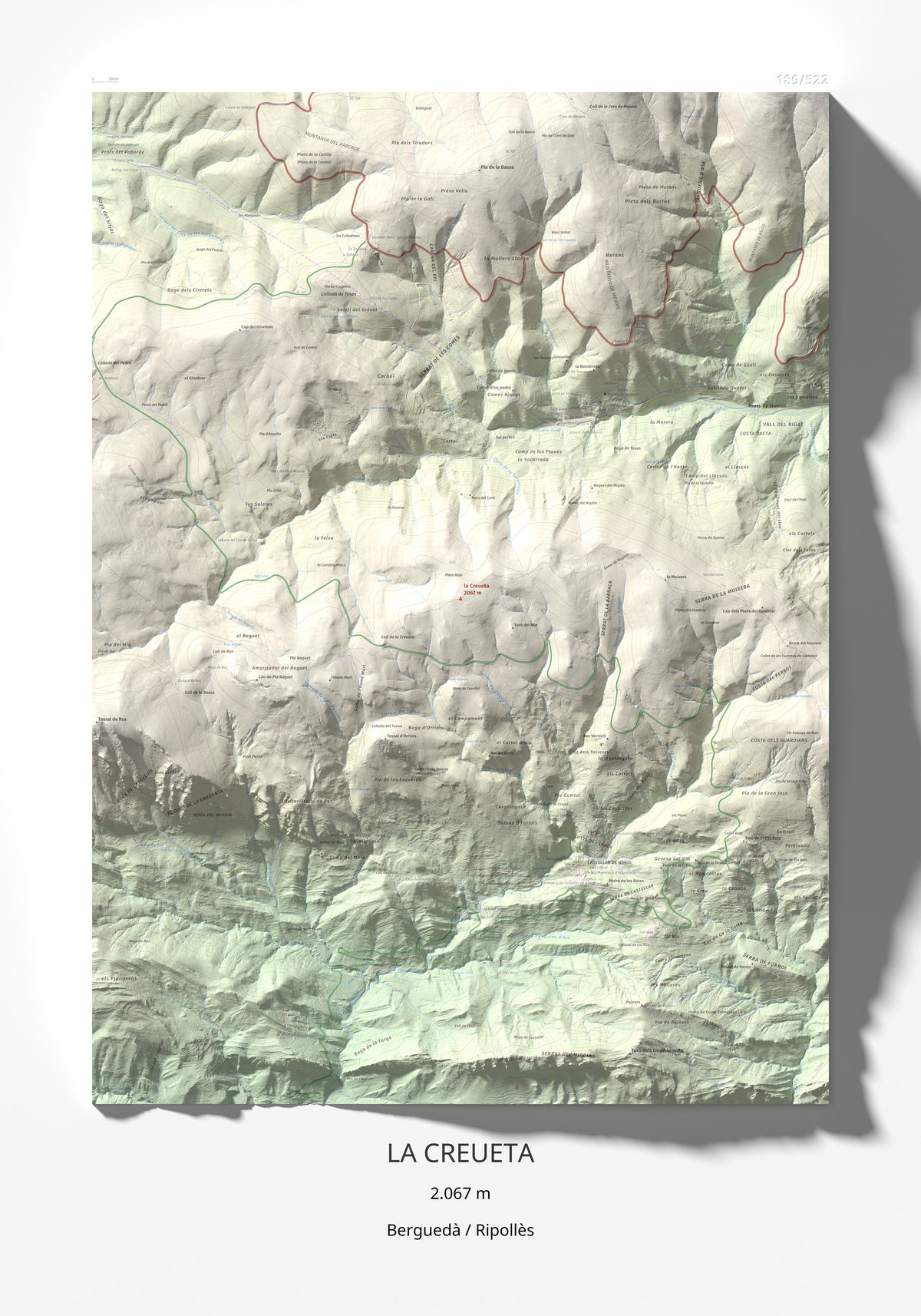 Mapa de relieve de la Creueta, 2067 m, Berguedà · Ripollès, lámina 100 Cims de Trobart 70 × 100 cm.