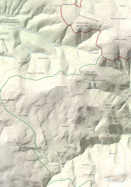Mapa de relieve de la Creueta, 2067 m, Berguedà · Ripollès, lámina 100 Cims de Trobart. Detalle de la zona superior izquierda. 70 × 100 cm.