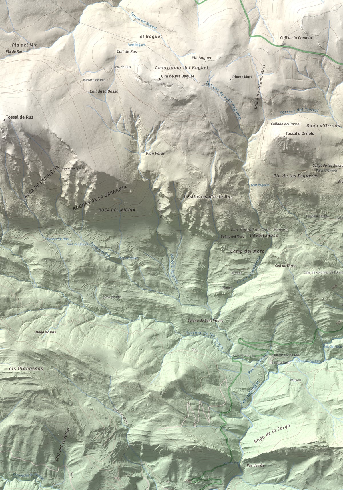 Mapa de relieve de la Creueta, 2067 m, Berguedà · Ripollès, lámina 100 Cims de Trobart. Detalle de la zona inferior izquierda. 70 × 100 cm.