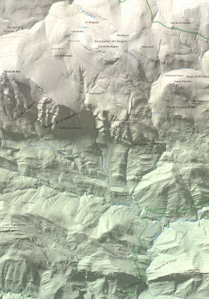 Mapa de relieve de la Creueta, 2067 m, Berguedà · Ripollès, lámina 100 Cims de Trobart. Detalle de la zona inferior izquierda. 70 × 100 cm.
