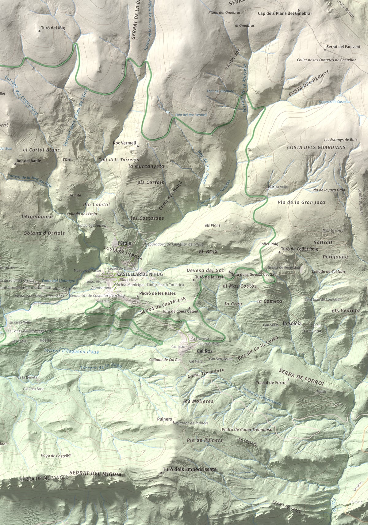 Mapa de relieve de la Creueta, 2067 m, Berguedà · Ripollès, lámina 100 Cims de Trobart. Detalle de la zona inferior derecha. 70 × 100 cm.