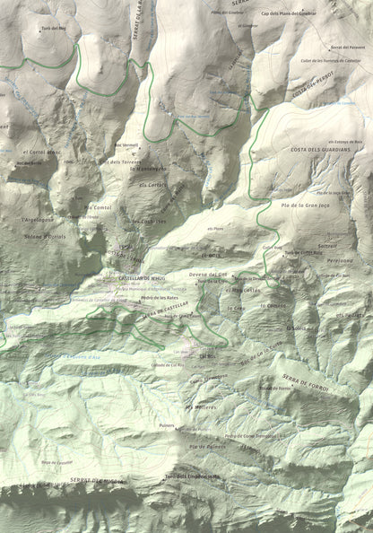 Mapa de relieve de la Creueta, 2067 m, Berguedà · Ripollès, lámina 100 Cims de Trobart. Detalle de la zona inferior derecha. 70 × 100 cm.