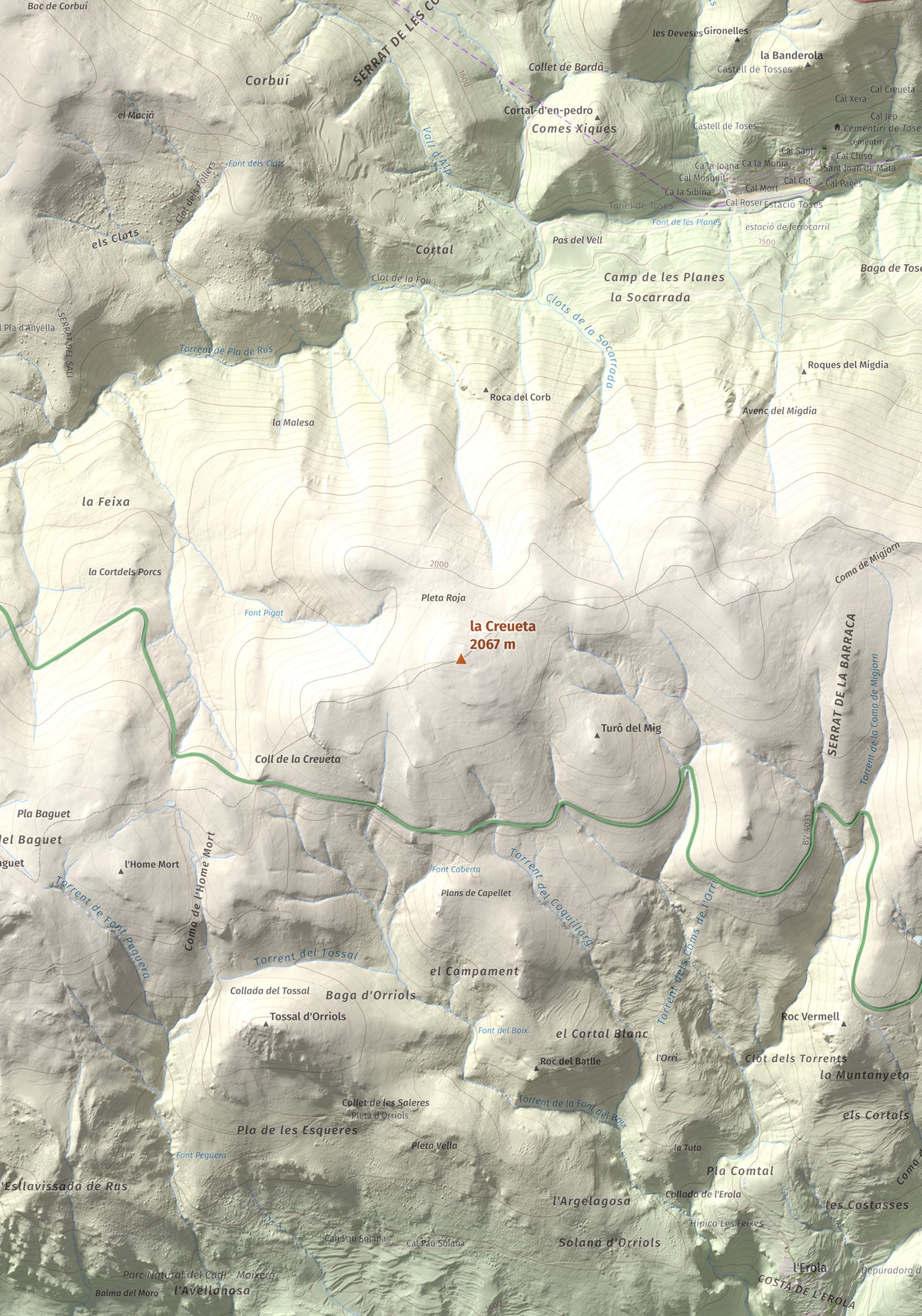 Mapa de relieve de la Creueta, 2067 m, Berguedà · Ripollès, lámina 100 Cims de Trobart. Detalle de la zona central. 70 × 100 cm.