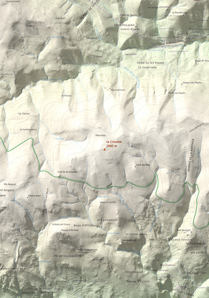 Mapa de relieve de la Creueta, 2067 m, Berguedà · Ripollès, lámina 100 Cims de Trobart. Detalle de la zona central. 70 × 100 cm.