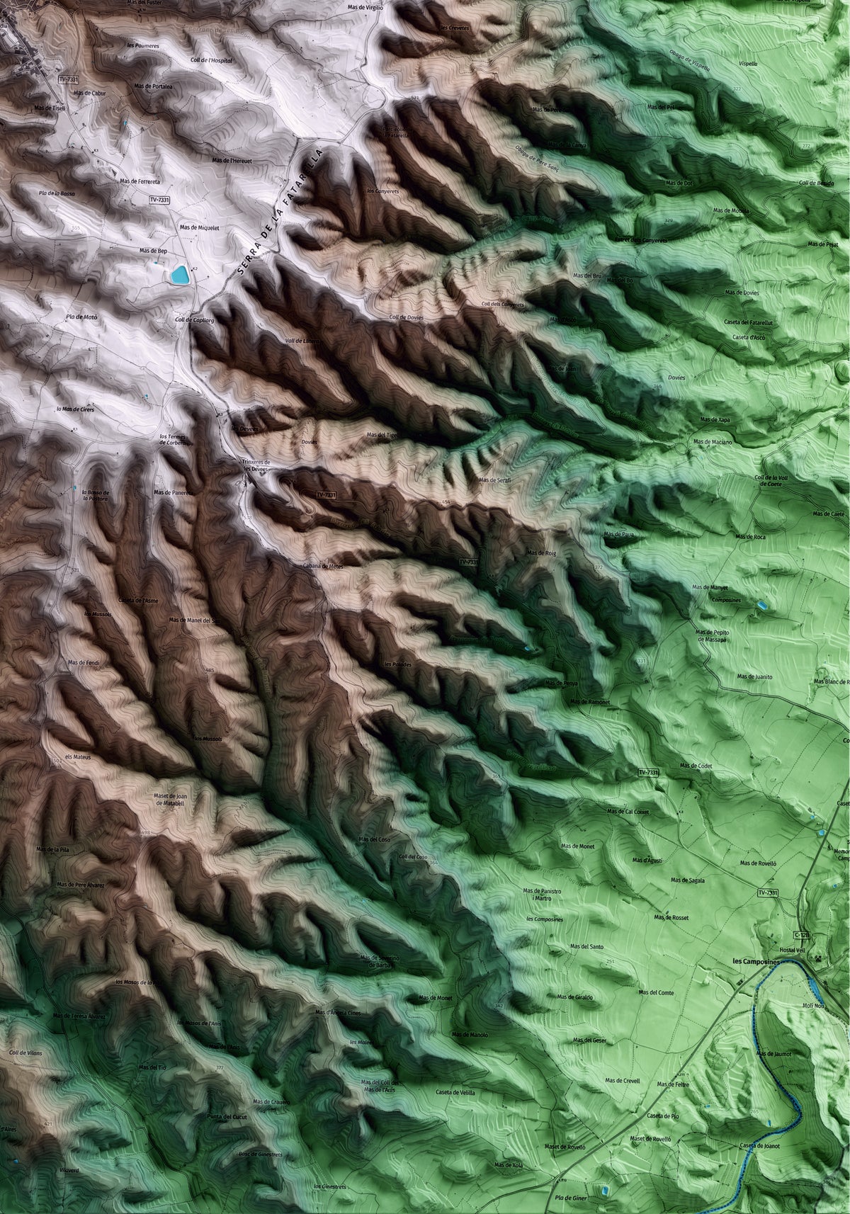 Mapa artístico del relieve de la Fatarella, a la Terra Alta, con 15 km de entorno y base topográfica ICGC. Detalle de la zona inferior derecha.