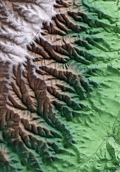 Mapa artístico del relieve de la Fatarella, a la Terra Alta, con 15 km de entorno y base topográfica ICGC. Detalle de la zona inferior derecha.