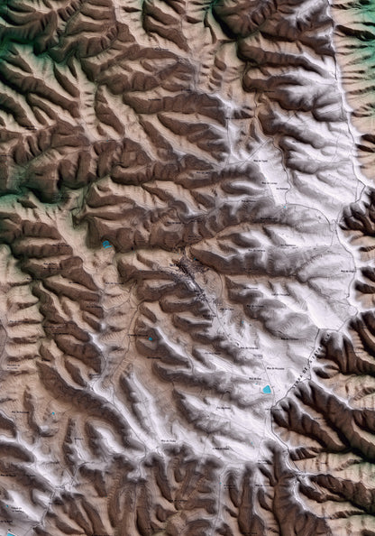 Mapa artístico del relieve de la Fatarella, a la Terra Alta, con 15 km de entorno y base topográfica ICGC. Detalle de la zona central.