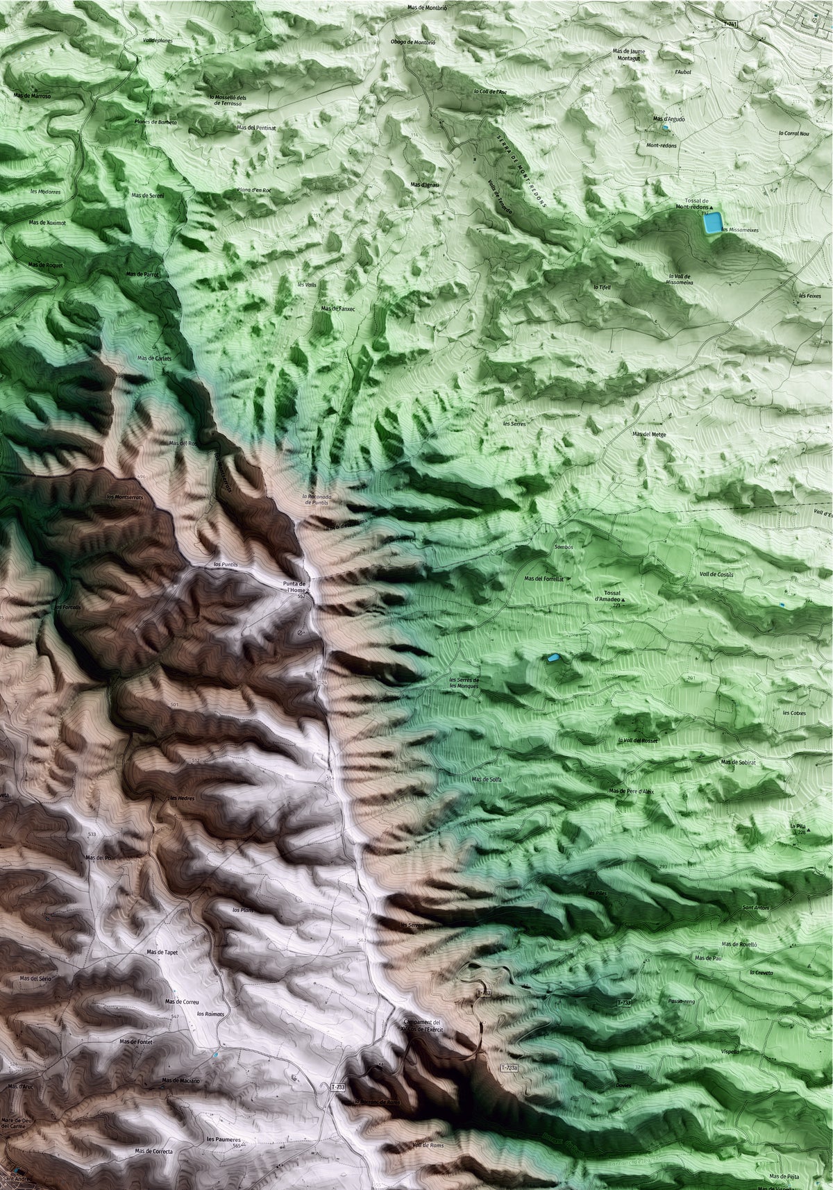 Mapa artístico del relieve de la Fatarella, a la Terra Alta, con 15 km de entorno y base topográfica ICGC. Detalle de la zona superior derecha.