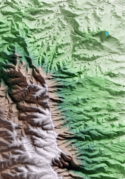Mapa artístico del relieve de la Fatarella, a la Terra Alta, con 15 km de entorno y base topográfica ICGC. Detalle de la zona superior derecha.