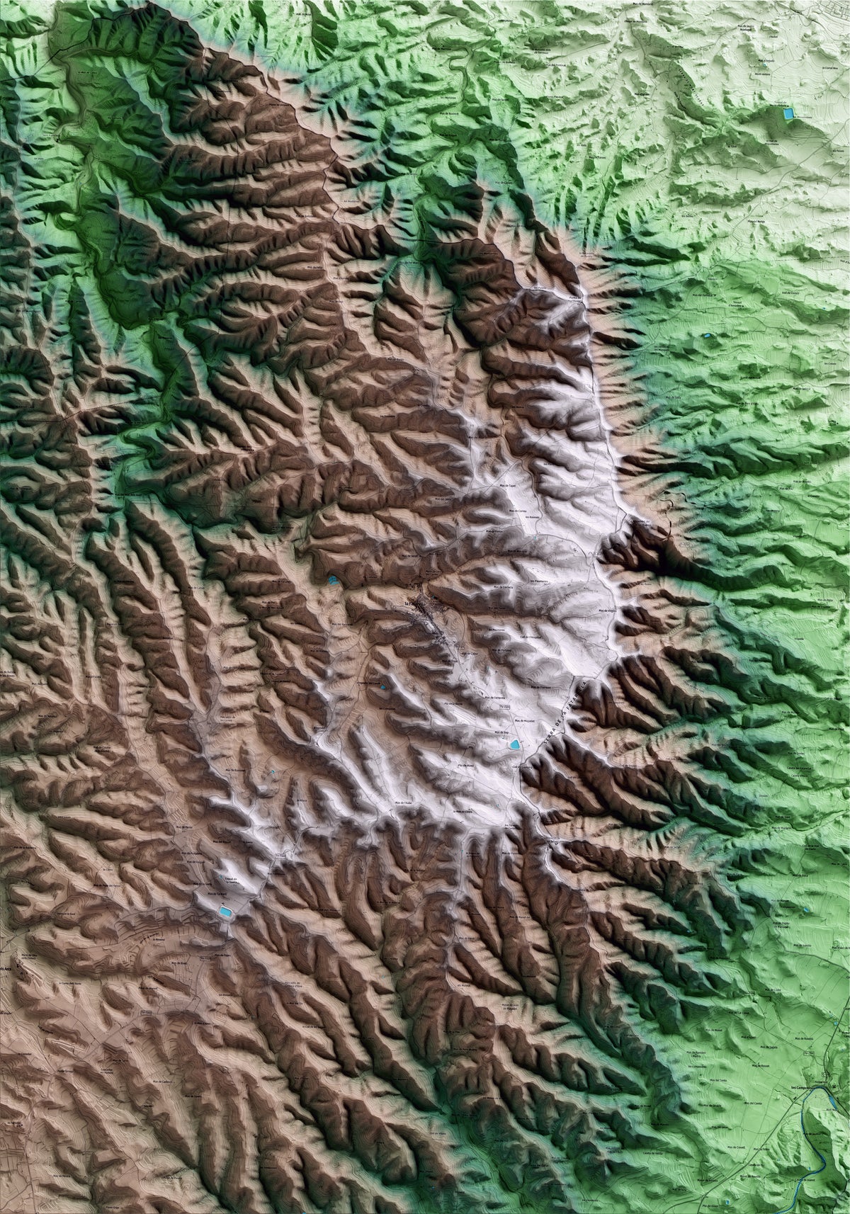 Mapa artístico del relieve de la Fatarella, a la Terra Alta, con 15 km de entorno y base topográfica ICGC