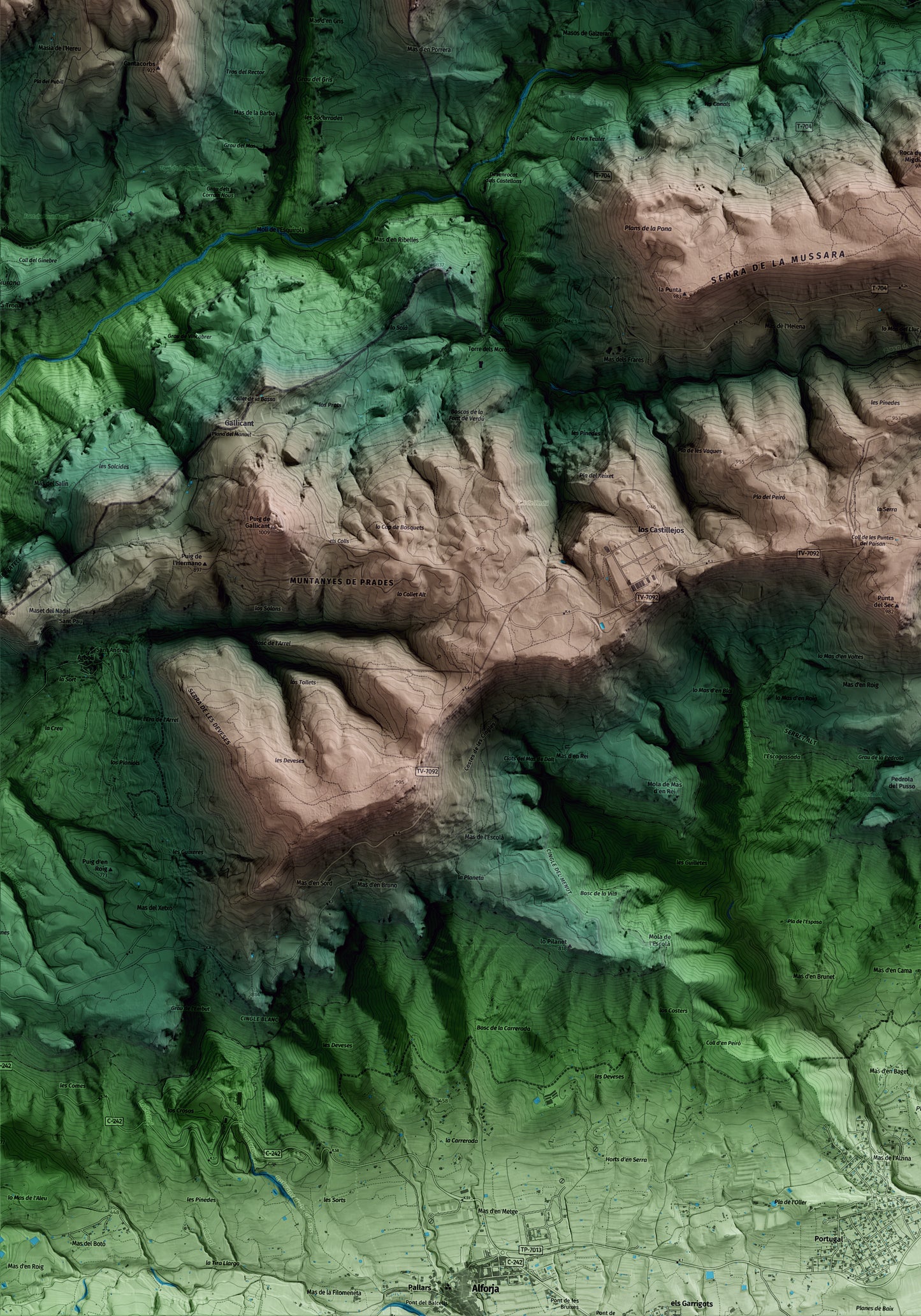 Mapa artístico del relieve de la Febró, al Baix Camp, con 15 km de entorno y base topográfica ICGC. Detalle de la zona inferior izquierda.