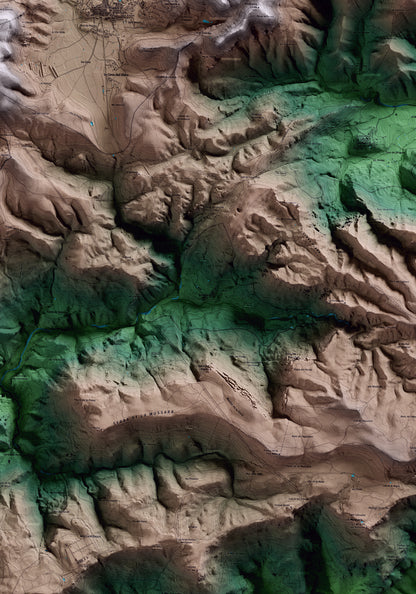 Mapa artístico del relieve de la Febró, al Baix Camp, con 15 km de entorno y base topográfica ICGC. Detalle de la zona central.