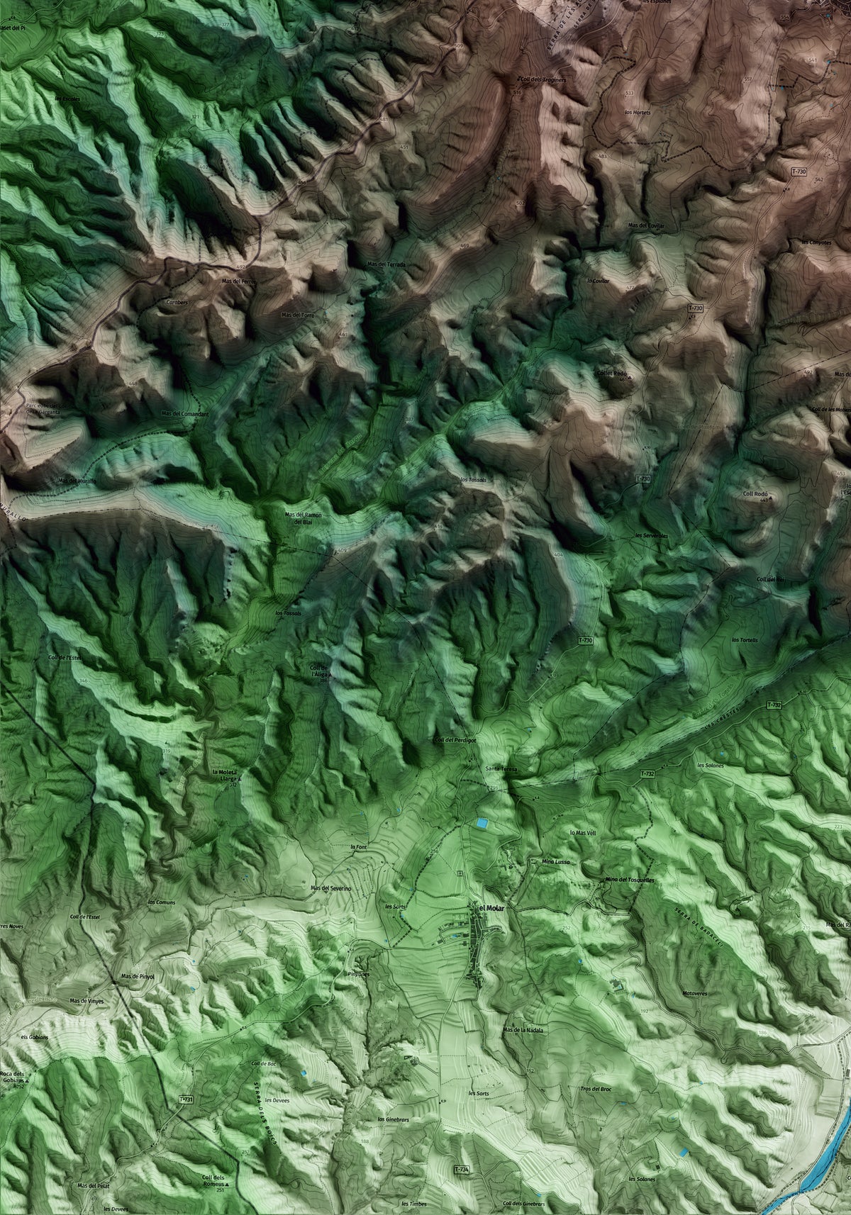 Mapa artístico del relieve de la Figuera, al Priorat, con 15 km de entorno y base topográfica ICGC. Detalle de la zona inferior izquierda.