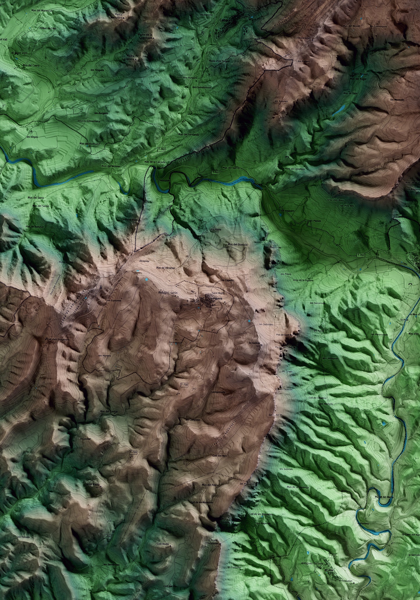 Mapa artístico del relieve de la Figuera, al Priorat, con 15 km de entorno y base topográfica ICGC. Detalle de la zona central.