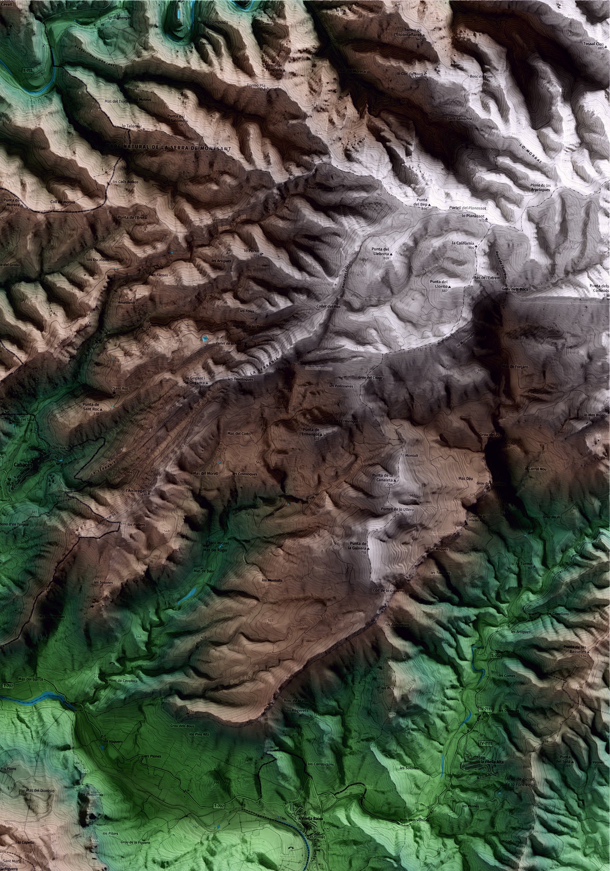 Mapa artístico del relieve de la Figuera, al Priorat, con 15 km de entorno y base topográfica ICGC. Detalle de la zona superior derecha.