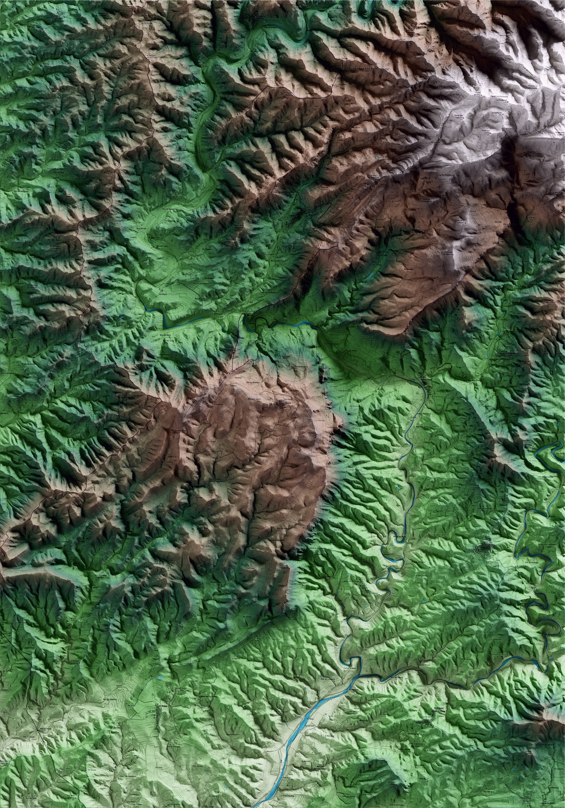 Mapa artístico del relieve de la Figuera, al Priorat, con 15 km de entorno y base topográfica ICGC