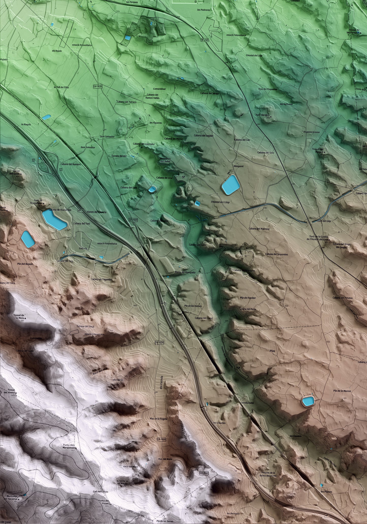 Mapa artístico del relieve de la Floresta, a las Garrigues, con 15 km de entorno y base topográfica ICGC. Detalle de la zona inferior izquierda.