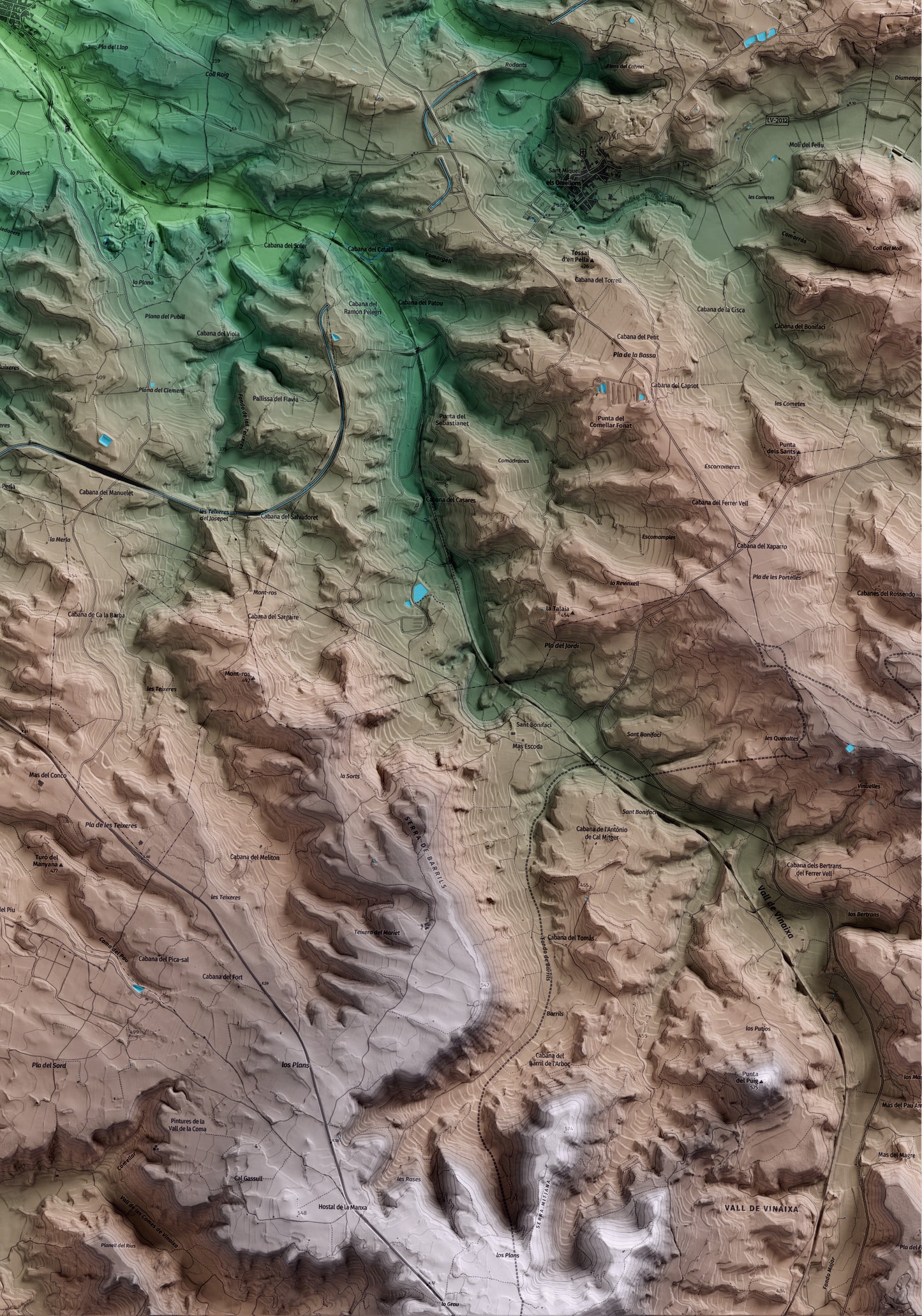 Mapa artístico del relieve de la Floresta, a las Garrigues, con 15 km de entorno y base topográfica ICGC. Detalle de la zona inferior derecha.