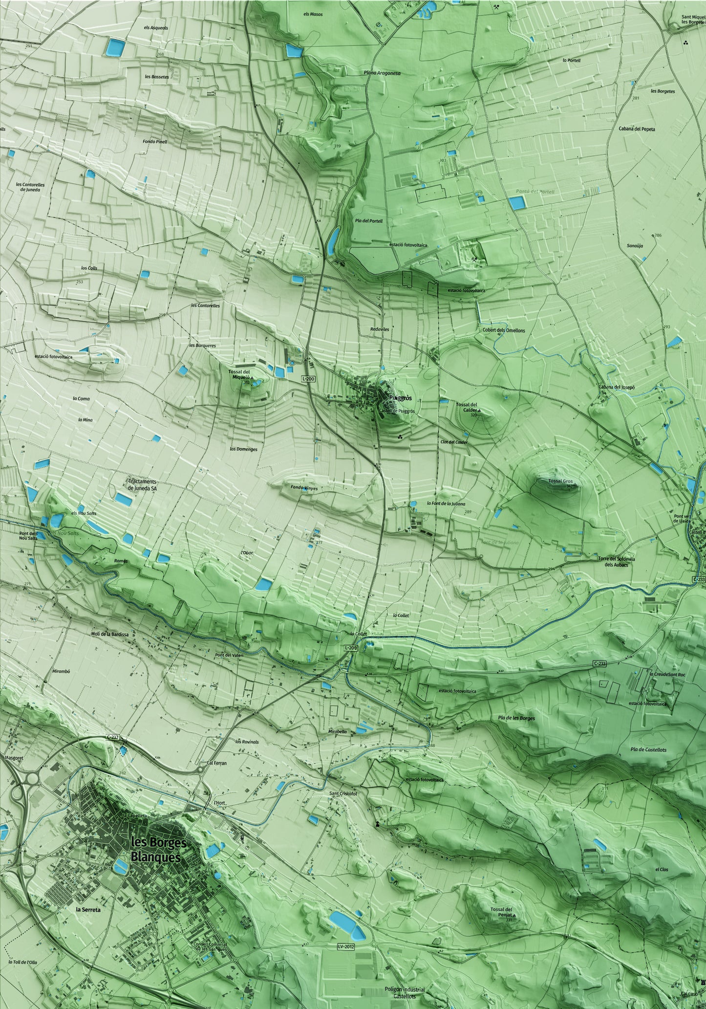 Mapa artístico del relieve de la Floresta, a las Garrigues, con 15 km de entorno y base topográfica ICGC. Detalle de la zona superior izquierda.