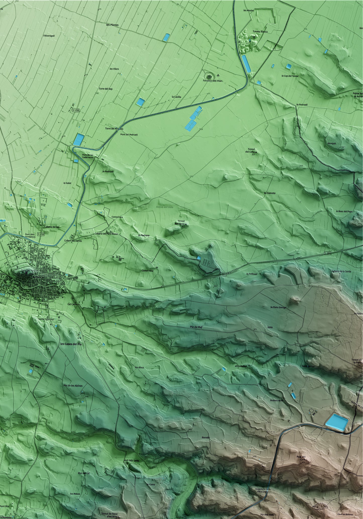 Mapa artístico del relieve de la Floresta, a las Garrigues, con 15 km de entorno y base topográfica ICGC. Detalle de la zona superior derecha.