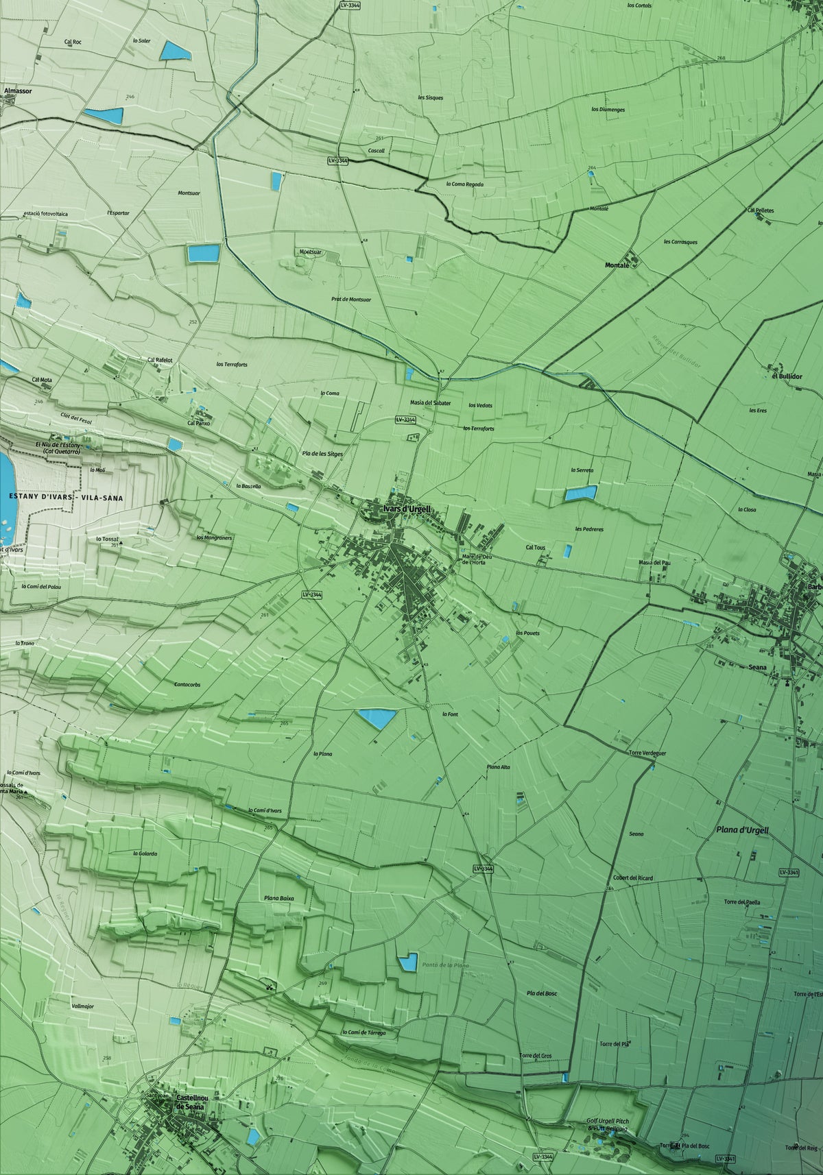 Mapa artístico del relieve de la Fuliola, al Urgell, con 15 km de entorno y base topográfica ICGC. Detalle de la zona inferior izquierda.