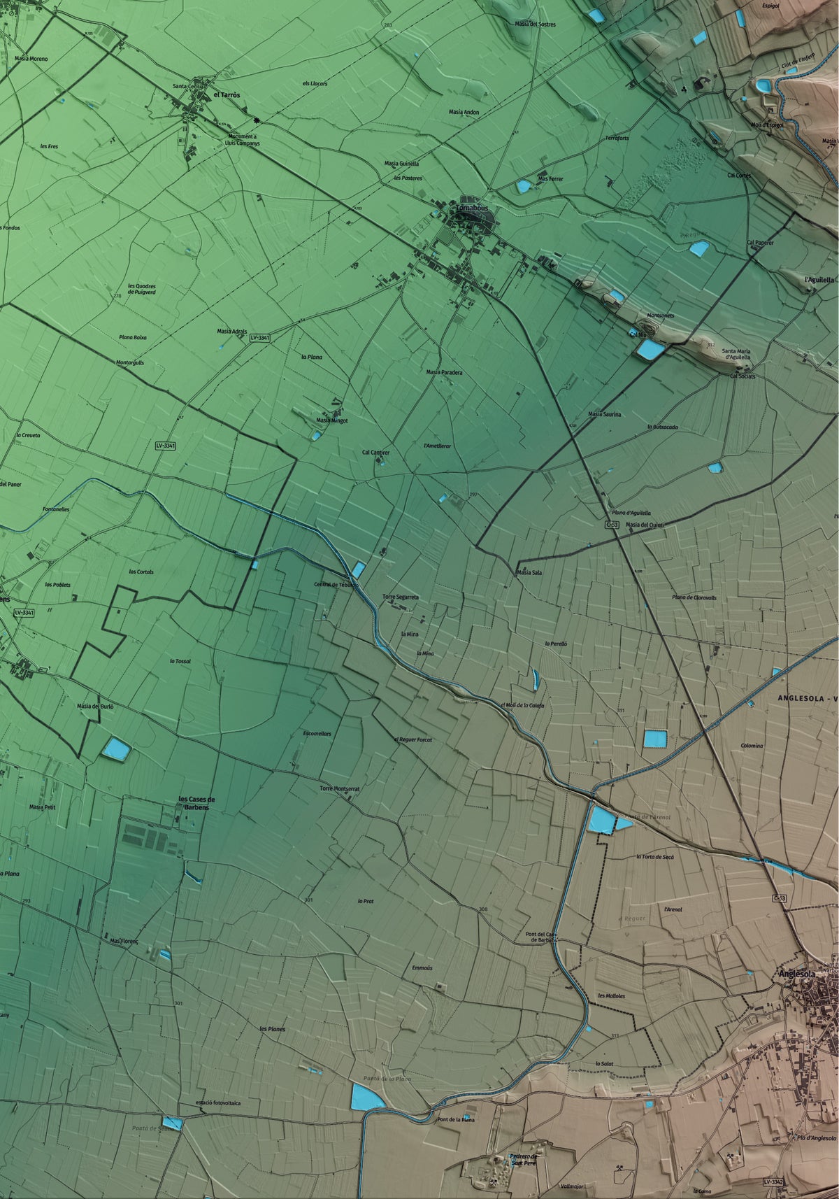 Mapa artístico del relieve de la Fuliola, al Urgell, con 15 km de entorno y base topográfica ICGC. Detalle de la zona inferior derecha.