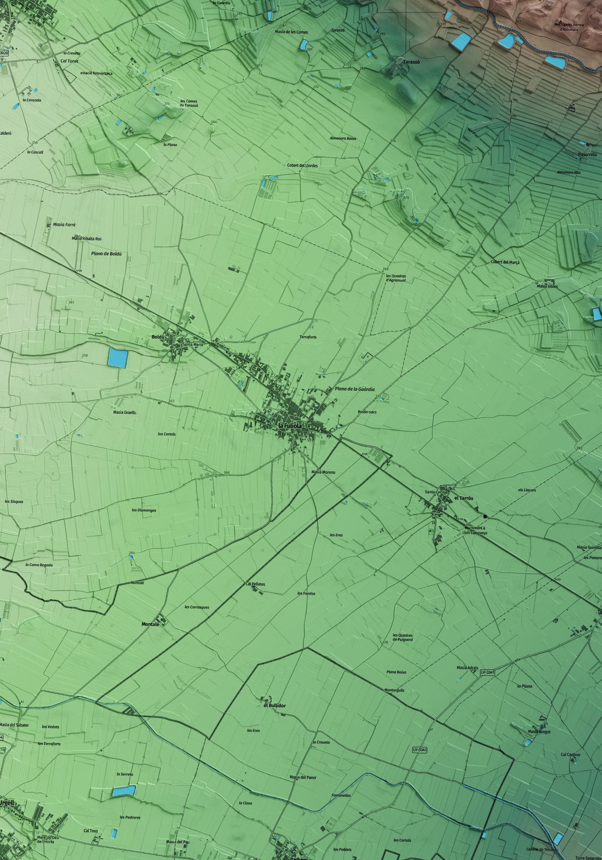 Mapa artístico del relieve de la Fuliola, al Urgell, con 15 km de entorno y base topográfica ICGC. Detalle de la zona central.