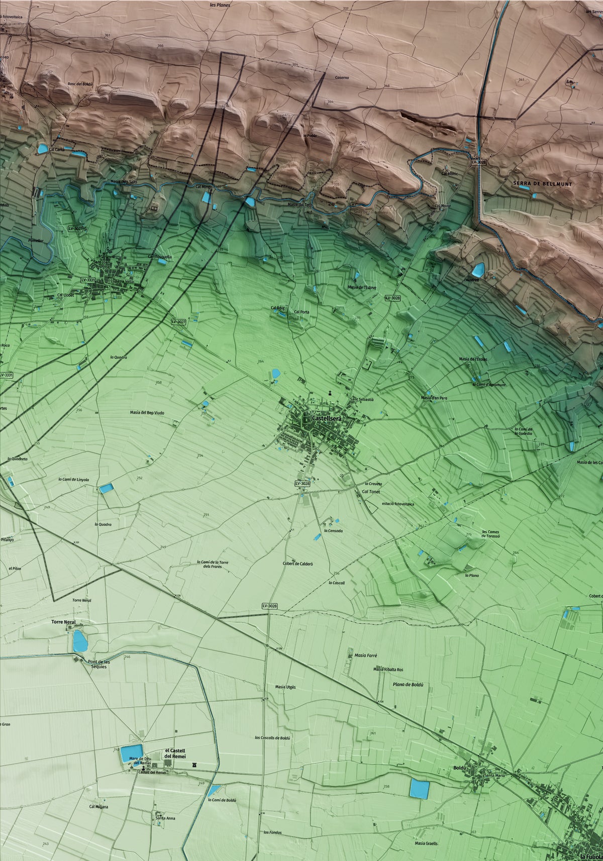 Mapa artístico del relieve de la Fuliola, al Urgell, con 15 km de entorno y base topográfica ICGC. Detalle de la zona superior izquierda.