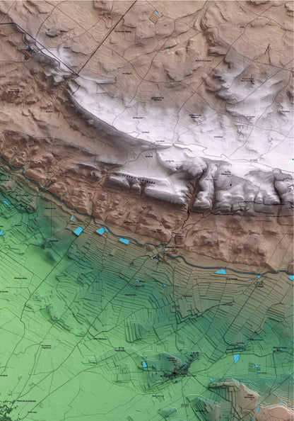 Mapa artístico del relieve de la Fuliola, al Urgell, con 15 km de entorno y base topográfica ICGC. Detalle de la zona superior derecha.