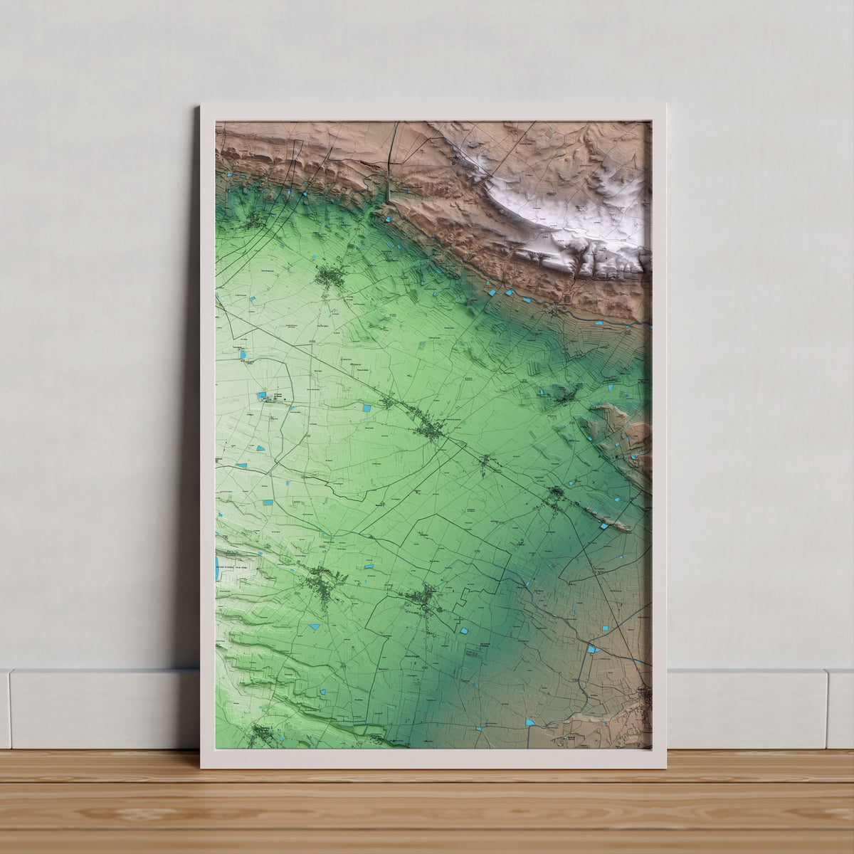 Mapa artístico del relieve de la Fuliola, al Urgell, con 15 km de entorno y base topográfica ICGC. Presentación enmarcada.