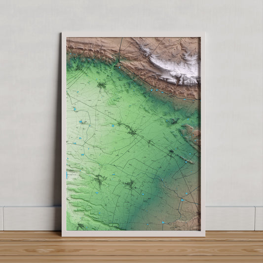 Mapa artístico del relieve de la Fuliola, al Urgell, con 15 km de entorno y base topográfica ICGC. Presentación enmarcada.