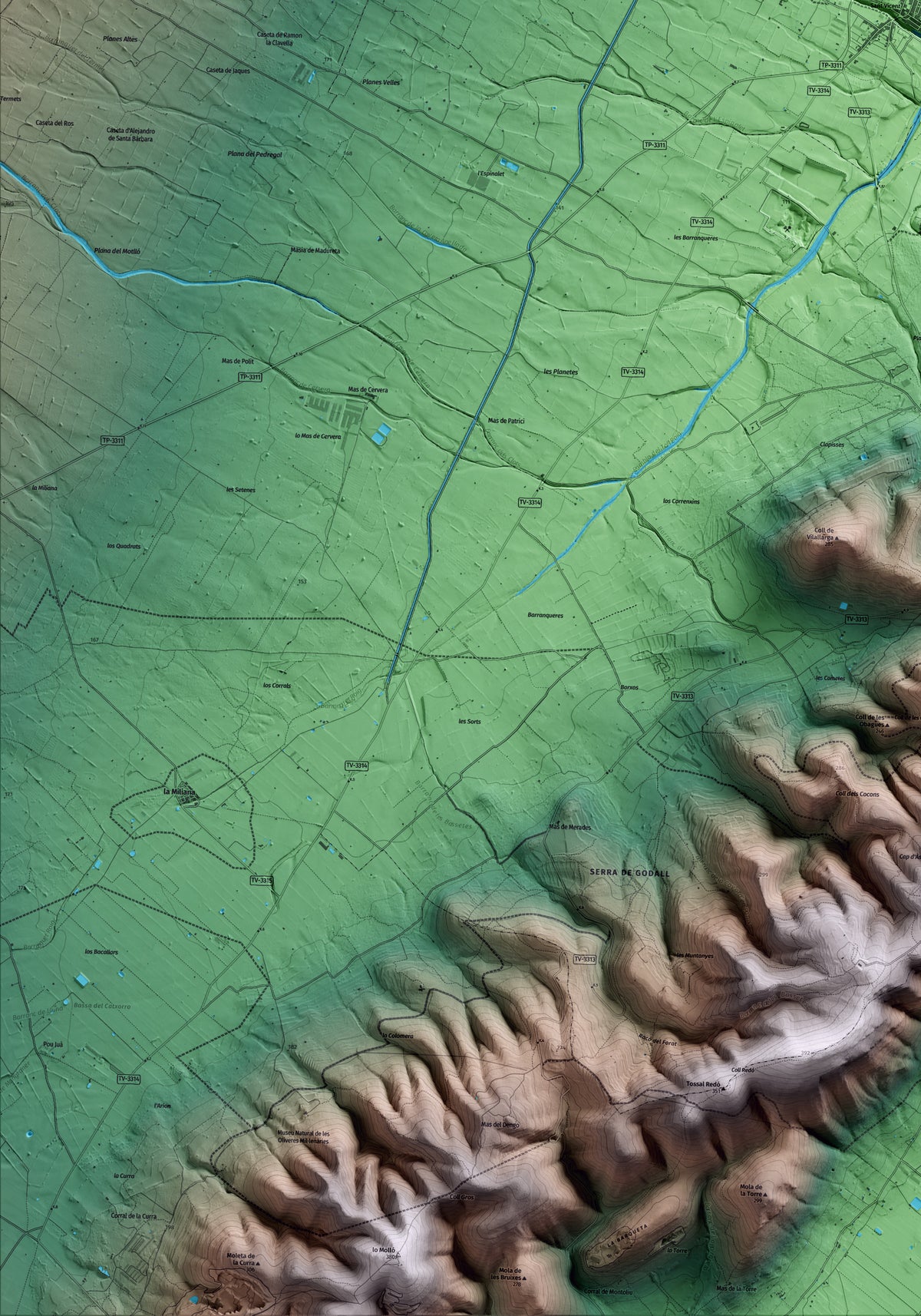 Mapa artístico del relieve de la Galera, al Montsià, con 15 km de entorno y base topográfica ICGC. Detalle de la zona inferior izquierda.