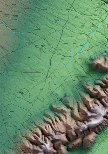 Mapa artístico del relieve de la Galera, al Montsià, con 15 km de entorno y base topográfica ICGC. Detalle de la zona inferior izquierda.