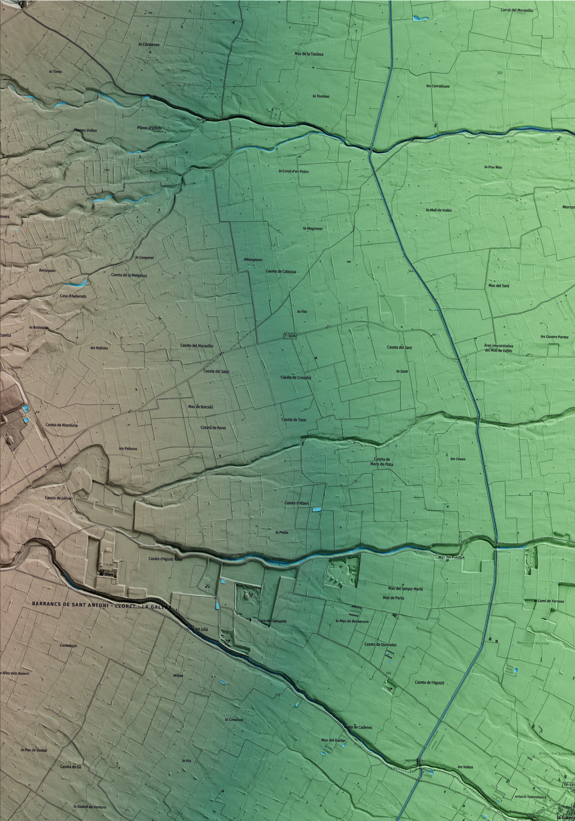 Mapa artístico del relieve de la Galera, al Montsià, con 15 km de entorno y base topográfica ICGC. Detalle de la zona superior izquierda.