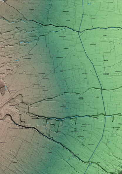 Mapa artístico del relieve de la Galera, al Montsià, con 15 km de entorno y base topográfica ICGC. Detalle de la zona superior izquierda.