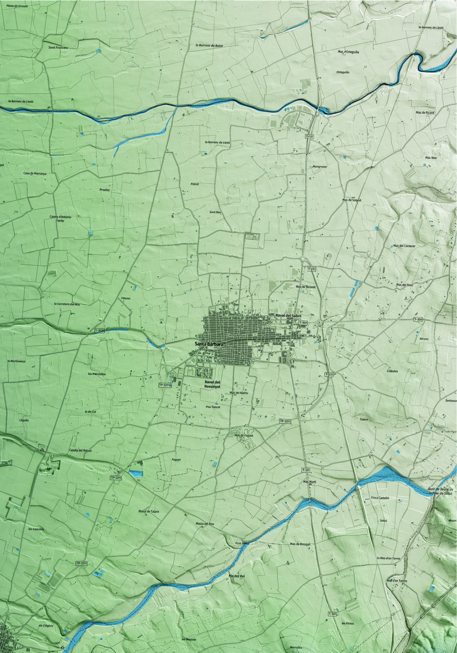 Mapa artístico del relieve de la Galera, al Montsià, con 15 km de entorno y base topográfica ICGC. Detalle de la zona superior derecha.