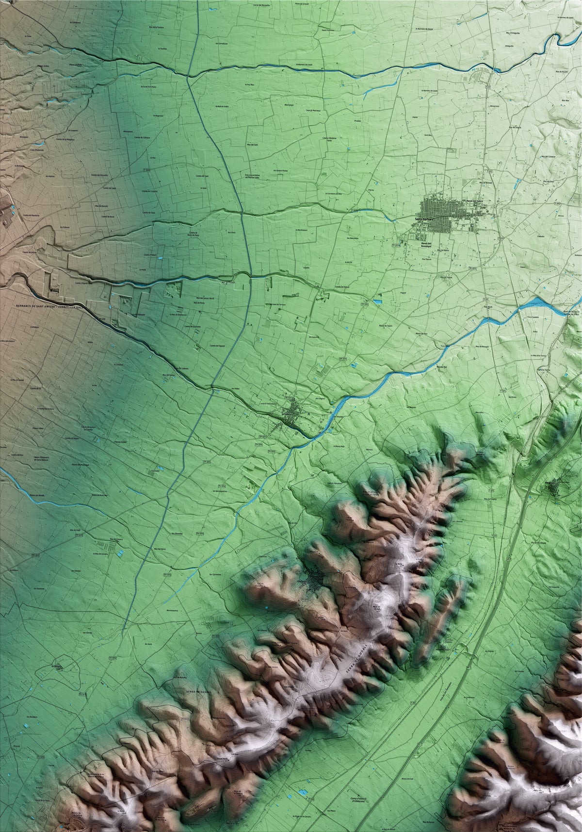 Mapa artístico del relieve de la Galera, al Montsià, con 15 km de entorno y base topográfica ICGC