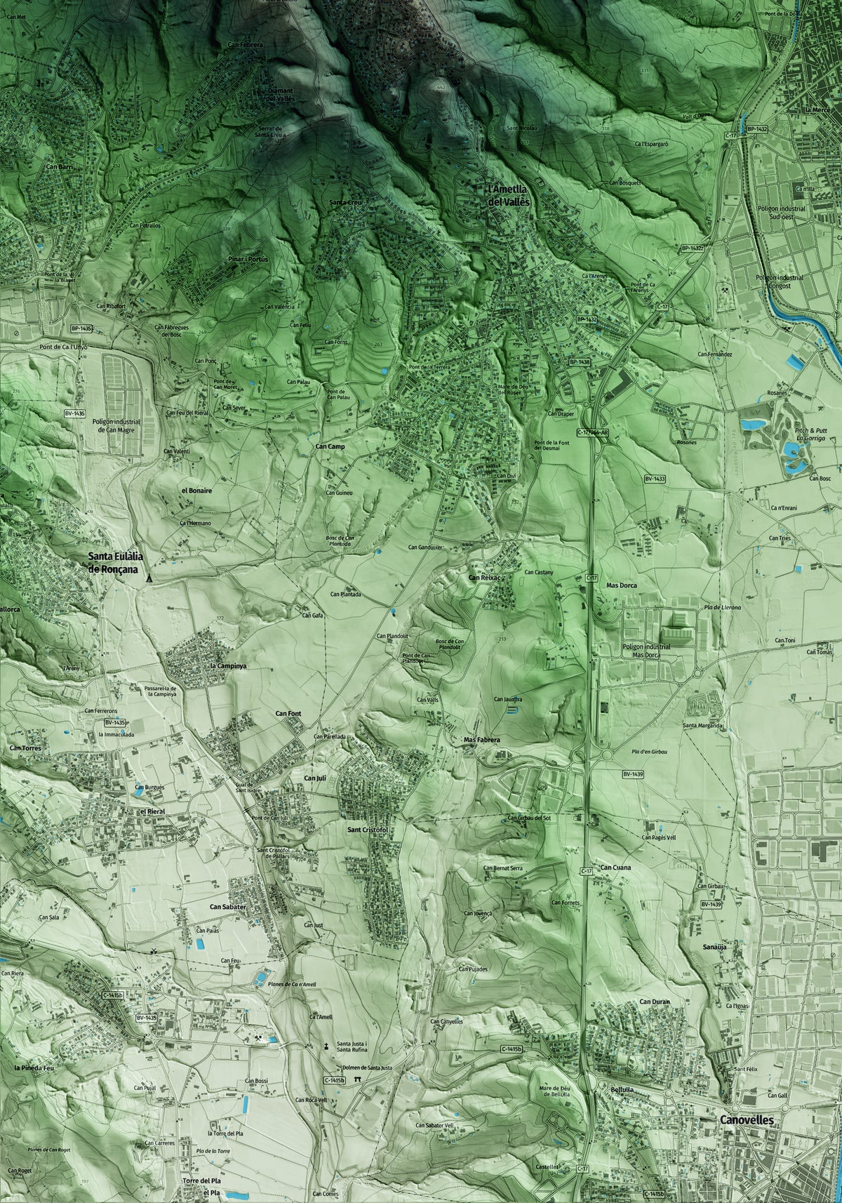 Mapa artístico del relieve de la Garriga, al Vallès Oriental, con 15 km de entorno y base topográfica ICGC. Detalle de la zona inferior izquierda.