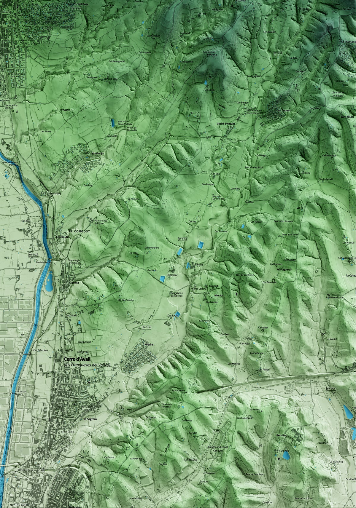 Mapa artístico del relieve de la Garriga, al Vallès Oriental, con 15 km de entorno y base topográfica ICGC. Detalle de la zona inferior derecha.